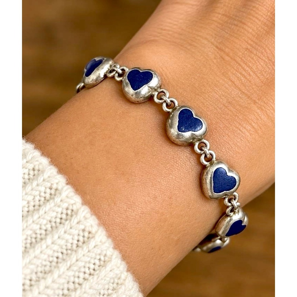 Vintage Taxco Mexico 925 Sterling Silver Lapis Lazuli Puffy Heart Bracelet